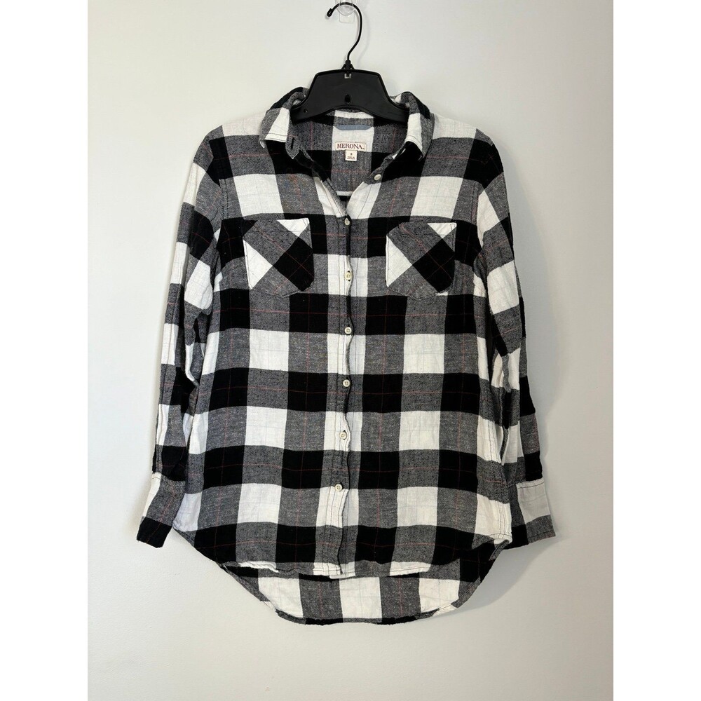 Merona Womens Plaid Button Down Black & White Flannel long sleeve size small